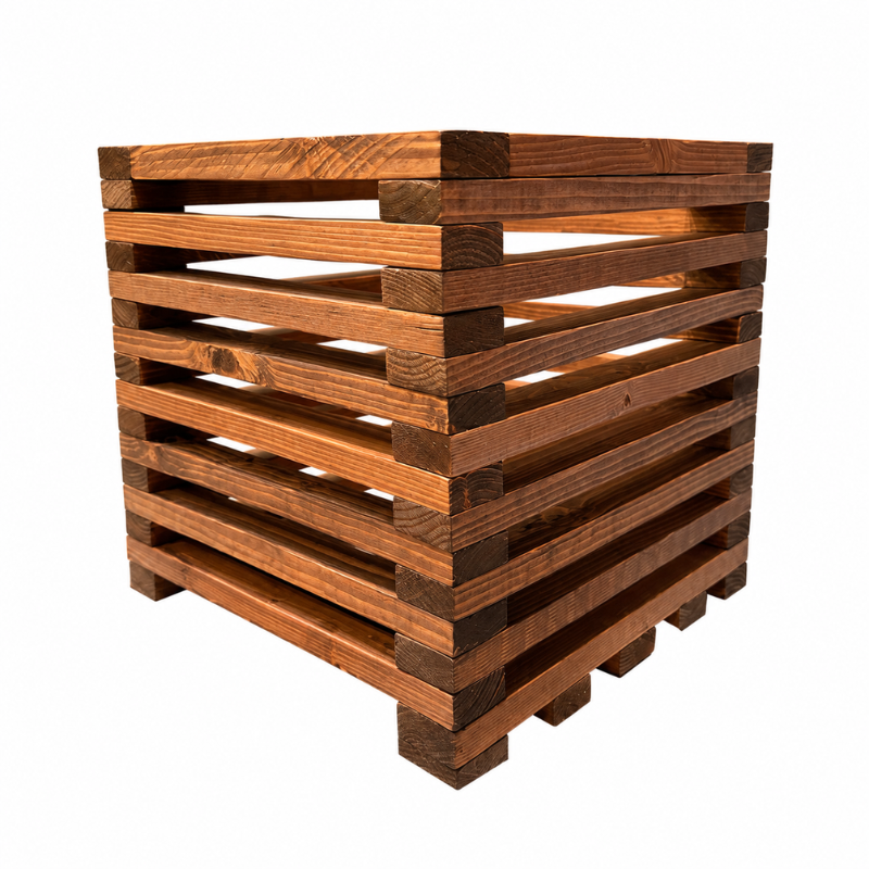 12×12 solid pine planter box with slatted wood construction, showcasing detailed joinery and sanded finish from angled views