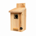 Elegant cedar bird house showcasing natural wood craftsmanship for outdoor garden decor and bird habitat enhancement.