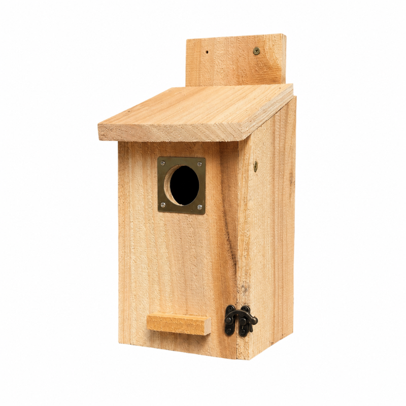 Elegant cedar bird house showcasing natural wood craftsmanship for outdoor garden decor and bird habitat enhancement.