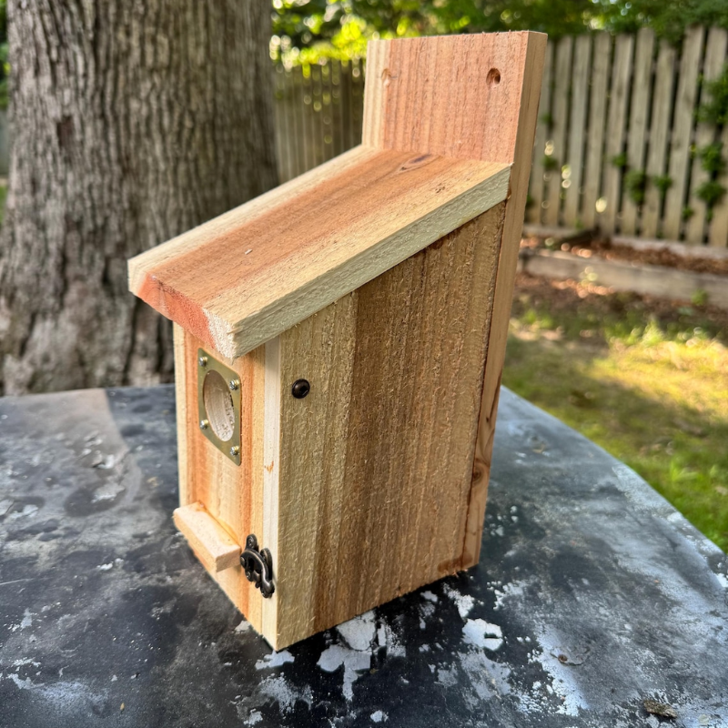 Elegant cedar bird house showcasing natural wood craftsmanship for outdoor garden decor and bird habitat enhancement.