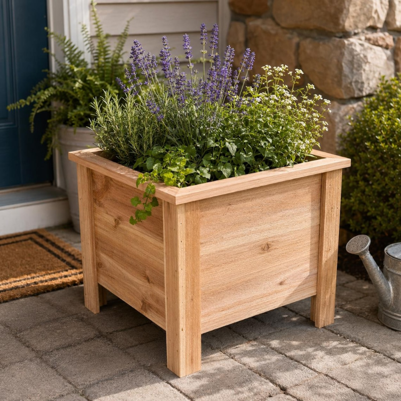 Handmade cedar planter featuring a raised garden design, perfect for outdoor wooden raised garden planters.